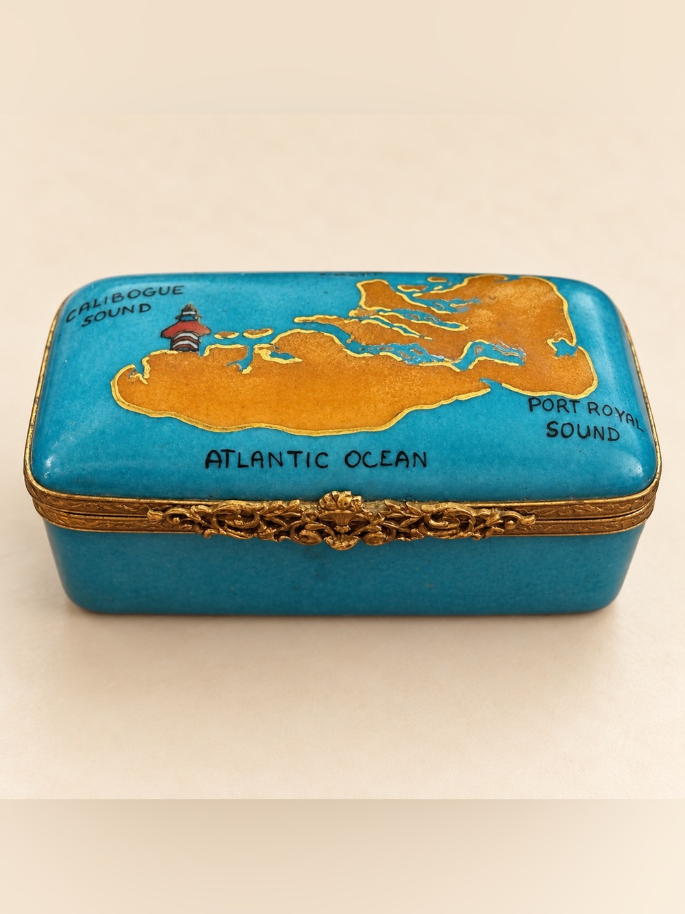 Limoges France Hand Painted Lighthouse Nautical Trinket Box